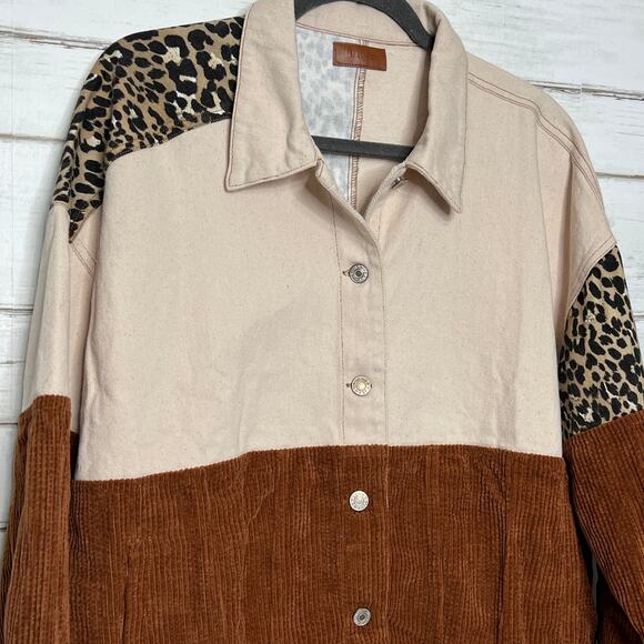 Umgee Color Block Corduroy Jacket Leopard Print Shacket Brown Size Medium - Picture 9 of 9